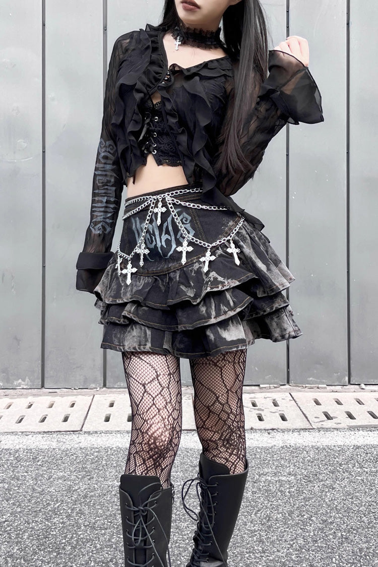 Black High Waisted Print Chain Rock Gothic Skirt