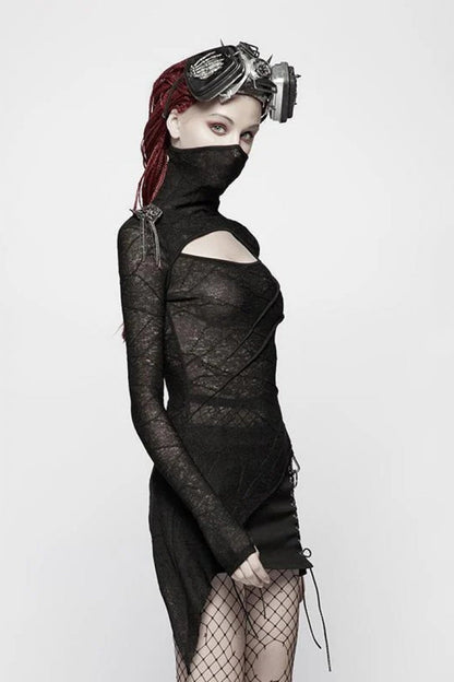 Black High Collar Long Sleeves Hollow Asymmetric Women's Punk T-Shirt