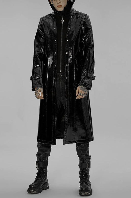 Black Dual Stand Collar Metal Buckle Patent Leather Stitching Mens Steampunk Coat