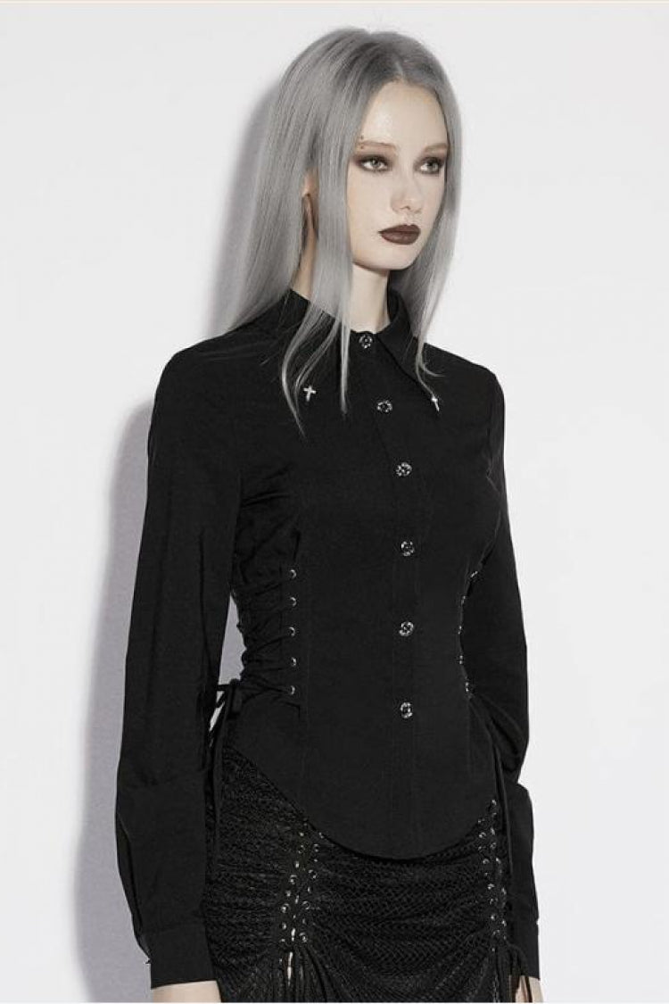 Black Lapel Collar Long Sleeves Lace-Up Slim Buckled Women's Gothic Blouse