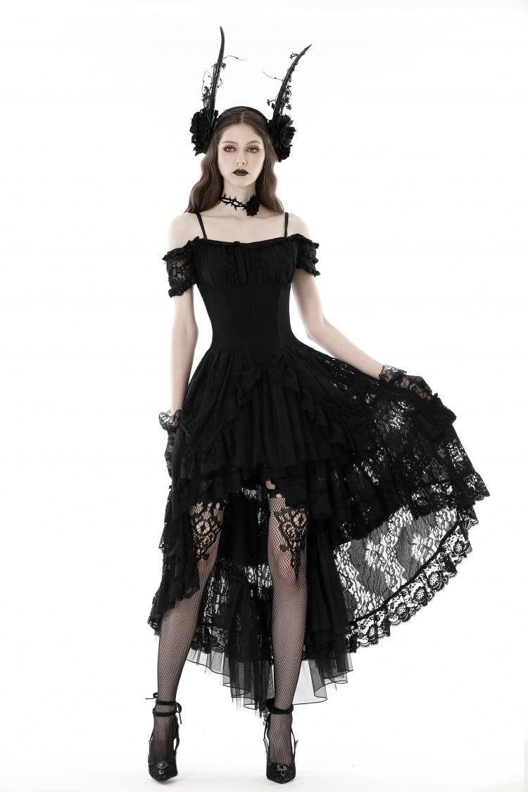 Black Boat Neck Off Shoulder Short Puff Sleeves Ruffled Lace Lace-Up Irregular Women's Gothic Dovetail Dress