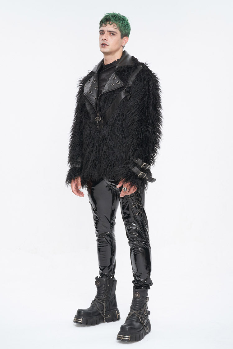Black Lapel Collar Collar Faux Fur Men's Punk Jacket