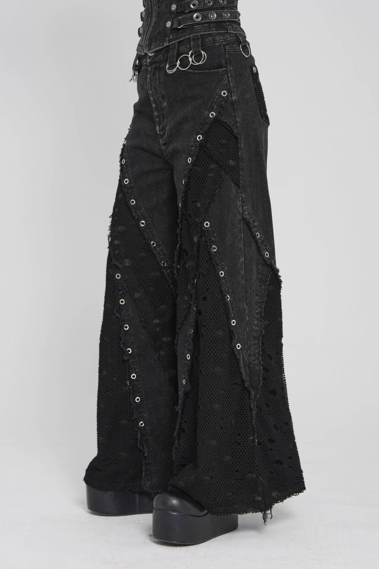 Black Cut-Out Spliced Mesh Eyelet Women's Punk Layered Ripped Pants