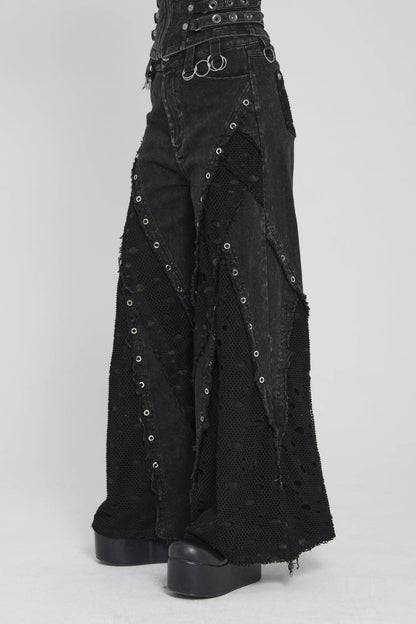 Black Cut-Out Spliced Mesh Eyelet Women's Punk Layered Ripped Pants