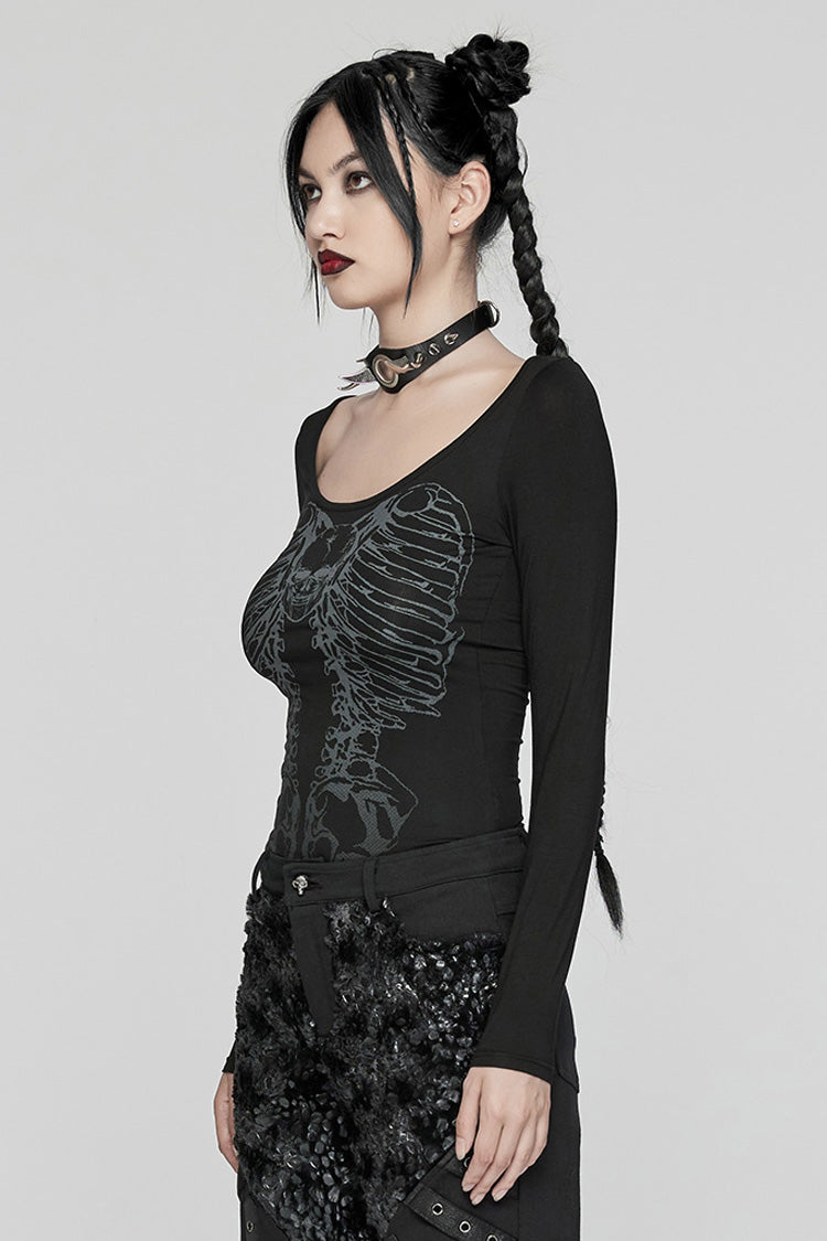 Black Long Sleeves Skeleton Print Women's Gothic T-Shirt
