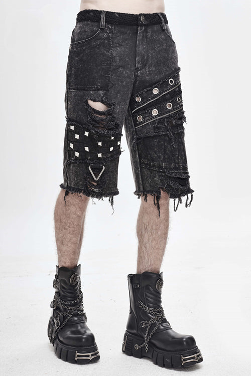 Black Decadence Punk Rock Nailed Ragged Shorts Mens Pants