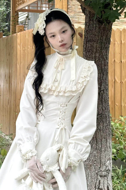 Apricot Stand Collar Long Sleeves Ruffled Lace-Up Gothic Lolita Dress