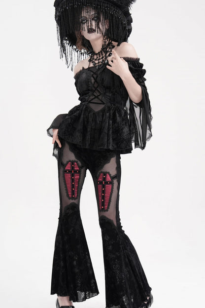 Black Halterneck Long Sleeves Hollow Lace-Up Mesh Women's Gothic Blouse