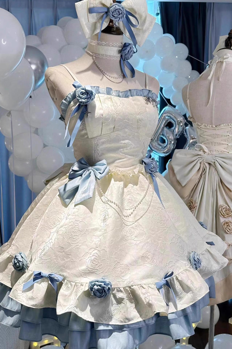 Apricot/Blue Print Ruffle Bowknot Sweet Princess Lolita Jsk Dress