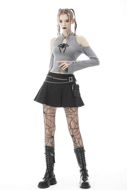 Black Pleated Big-pocket Chain-Decorated Women's Punk Mini Skirt with Belt