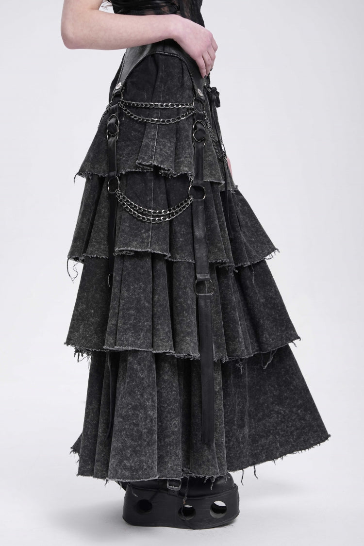 Black Multi-Layered Lace-Up Chain Women's Punk Skirt