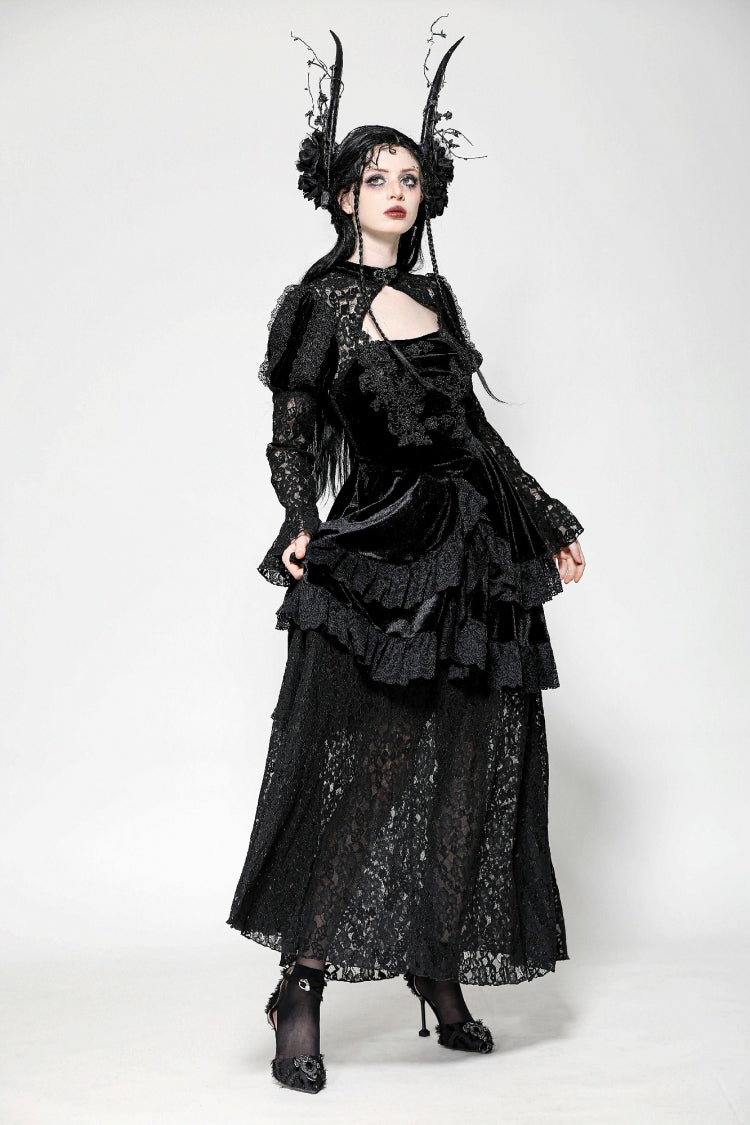 Black Long Puff Sleeves Cut-Out Lace Spliced Velvet Lace-Up Women's Gothic Princess Evening Dress