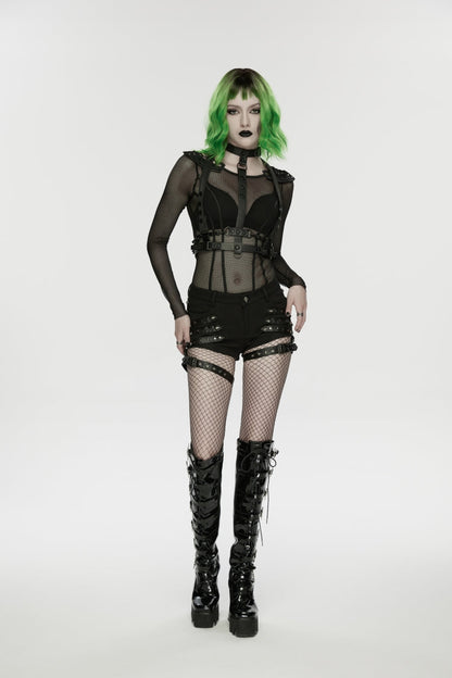 Black  Studded Women's Punk Shorts with Detachable Leg Harnesses