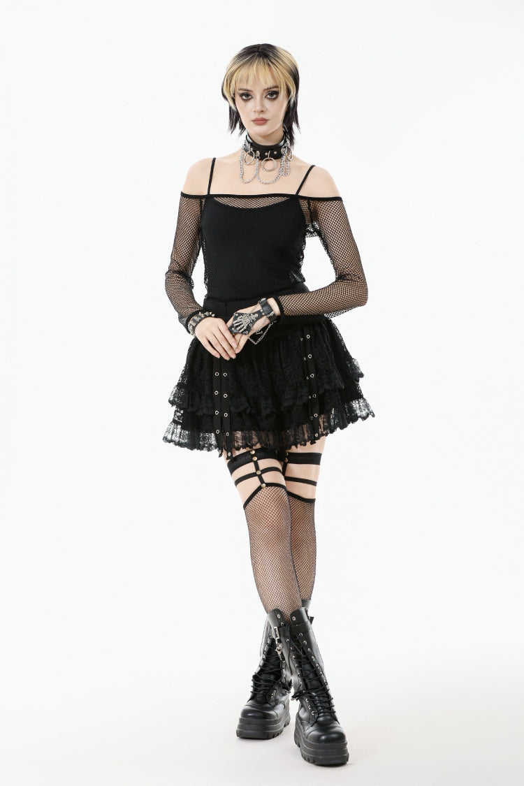 Black Off Shoulder Long Sleeves Mesh Women's Gothic Versatile Top