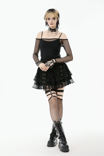 Black Off Shoulder Long Sleeves Mesh Women's Gothic Versatile Top