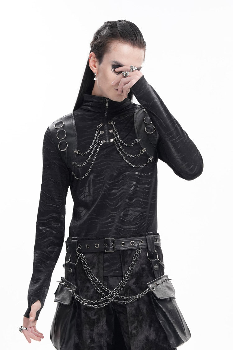 Black Chain Rings Stand Collar Long Sleeves Men's Gothic T-Shirt