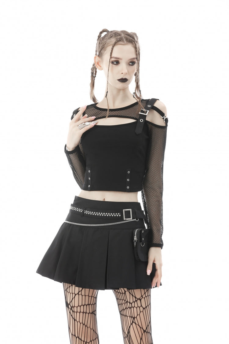 Black Pleated Big-pocket Chain-Decorated Women's Punk Mini Skirt with Belt