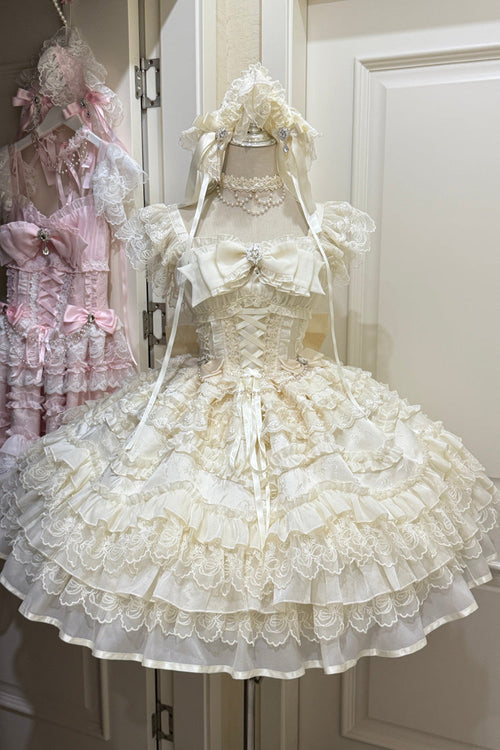 Apricot [Eternal Vow] Sleeveless Multi-Layered Ruffle Hanayome Bowknot Lace Lace-Up Sweet Lolita Jsk Dress