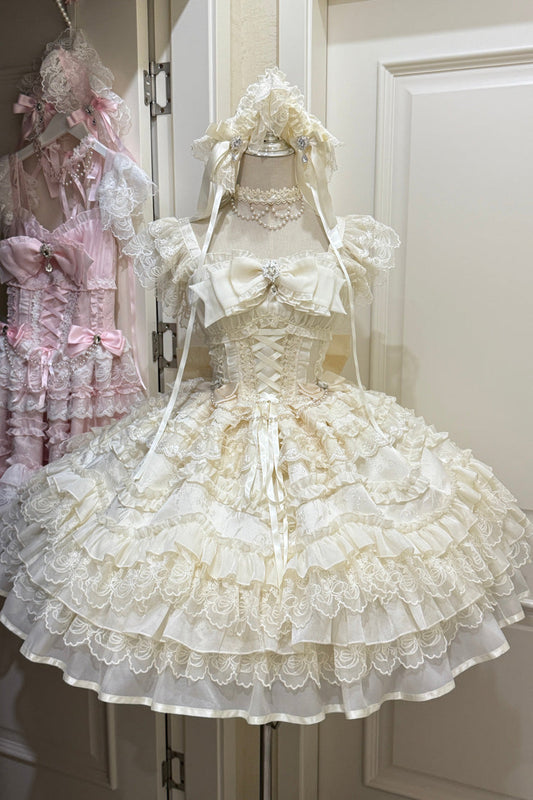 Apricot [Eternal Vow] Sleeveless Multi-Layered Ruffle Hanayome Bowknot Lace Lace-Up Sweet Lolita Jsk Dress