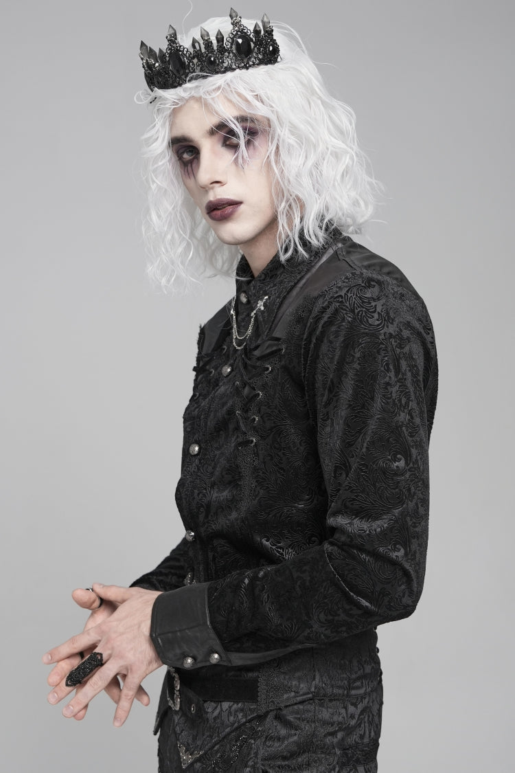 Black Lapel Collar Long Sleeves Print Embroidery Lace-Up Men's Gothic Blouse