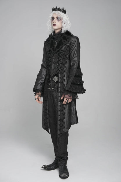 Black Long Trumpet Sleeves Floral Crochet Embroidery Lace-Up Men's Gothic Coat