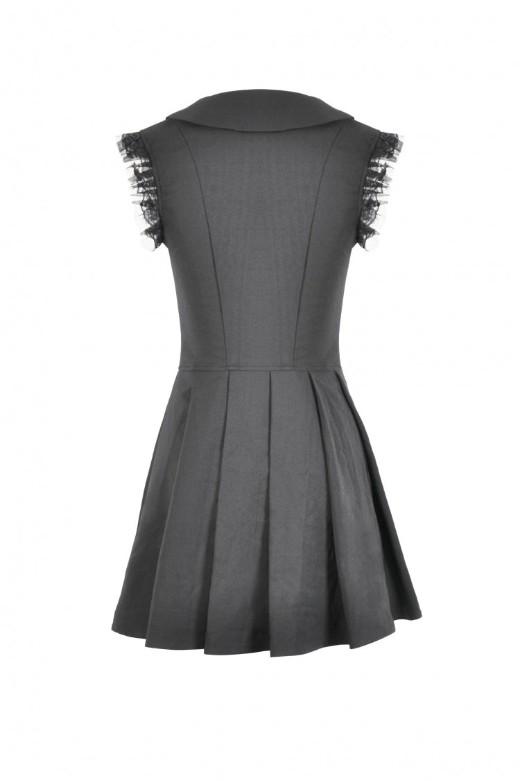 Black Peter Pan Collar Sleeveless Bowknot Pleated Women's Gothic Graduation Dress