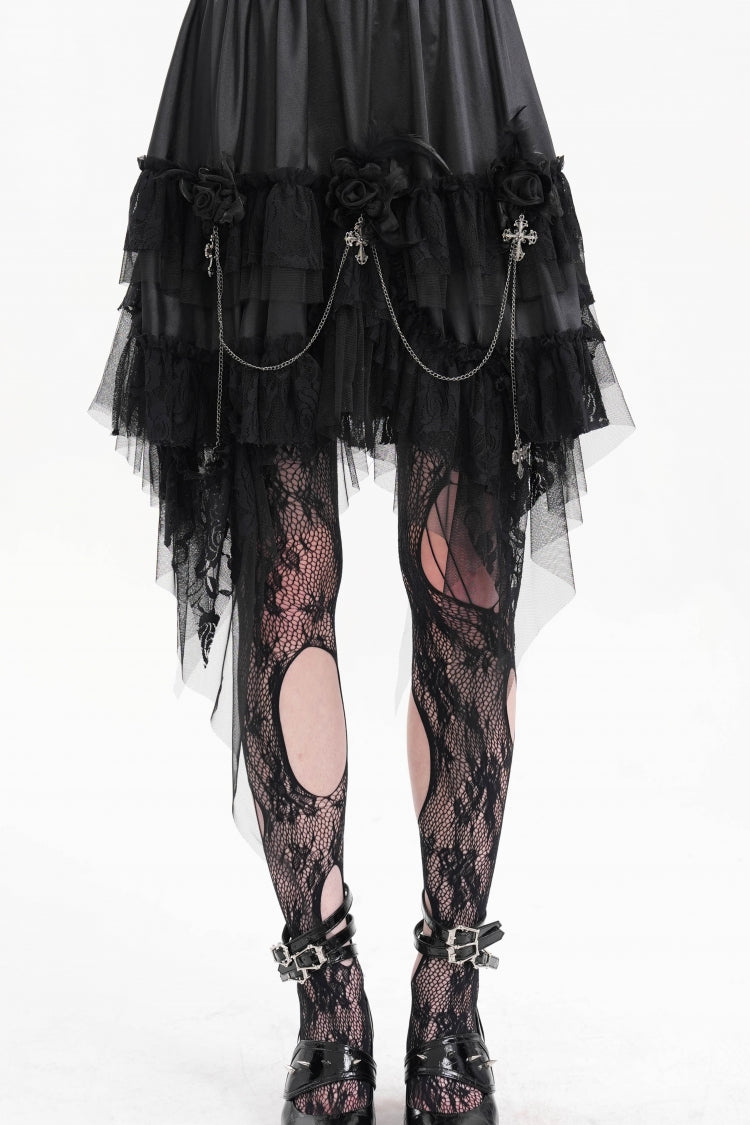 Black Cross Chain Ruffle Lace Irregular Hem Women's Gothic Skirt