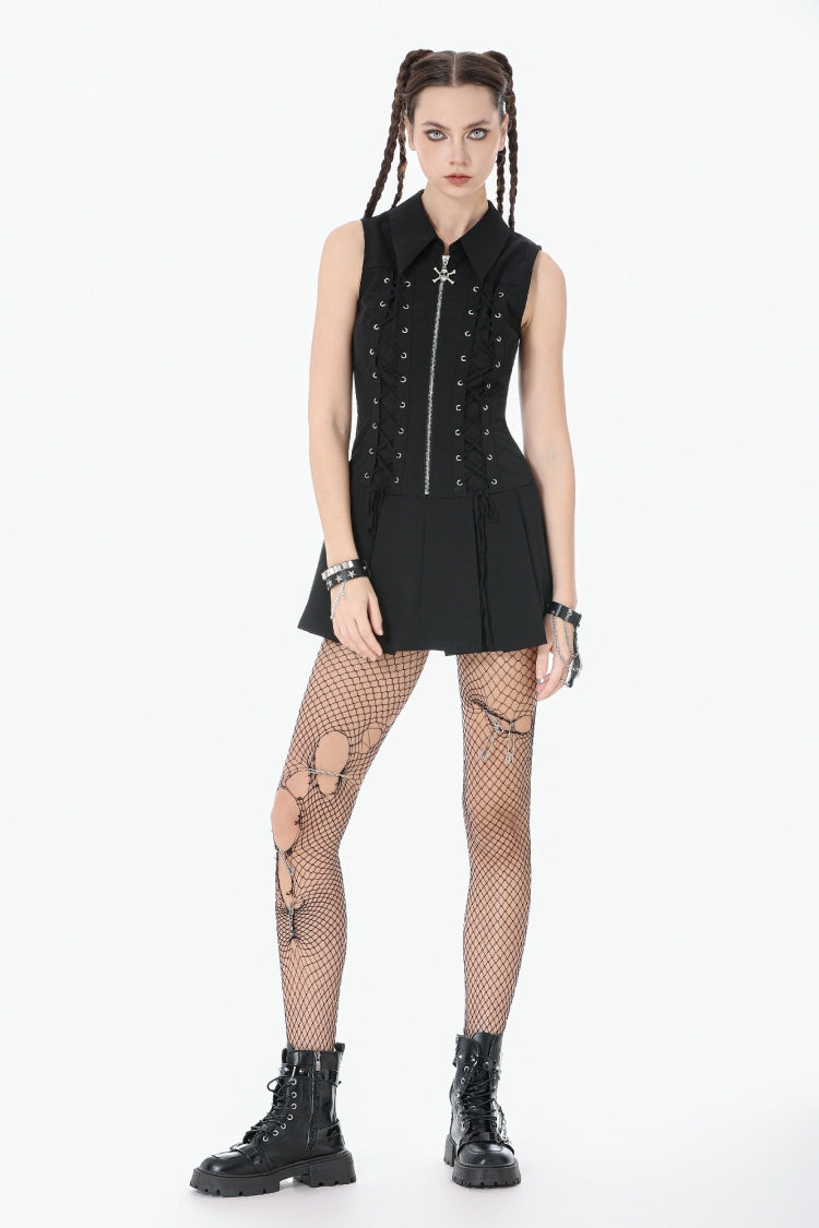 Black Point Collar Sleeveless Skull Zip Women's Punk Dress