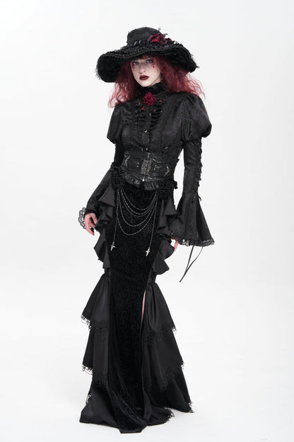 Black Floral Print Lace-Up Rose Chain Women's Gothic Fishtail Skirt