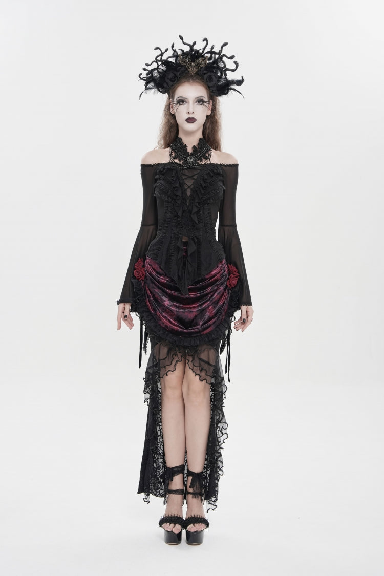 Black Off Shoulder Long Trumpet Sleeves Ruffled Embroidered Lace-Up Women's Gothic Blouse