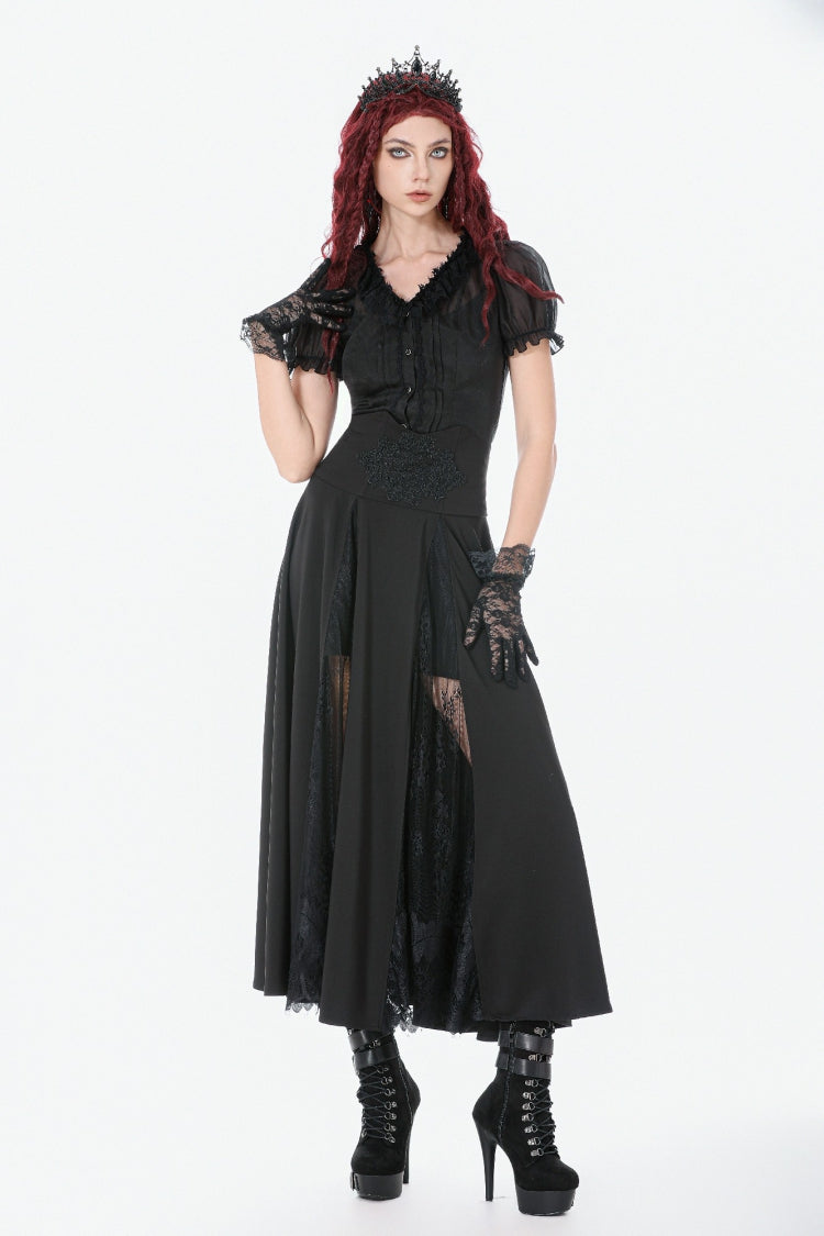 Black High Waisted Floral Printed Lace Mesh Women's Gothic Elegant Long Skirt