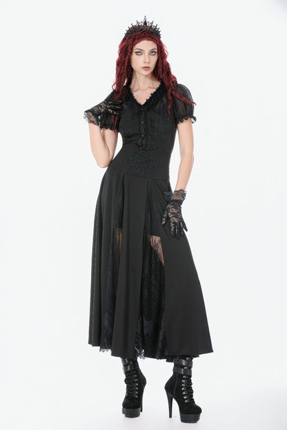 Black High Waisted Floral Printed Lace Mesh Women's Gothic Elegant Long Skirt