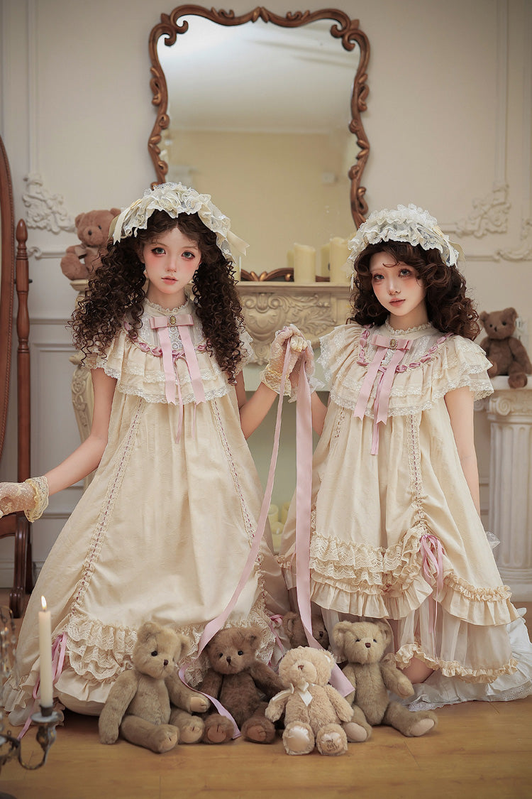 Apricot [Lily's Dream] Stand Collar Short Sleeves Loose-Fit Doll-Like Multi-Layered Ruffled Bow Lace Sweet Lolita Dress 2 Versions