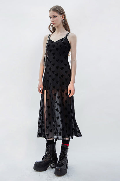 Black Heart Chiffon Waist Leather Sling Long Women's Gothic Dress