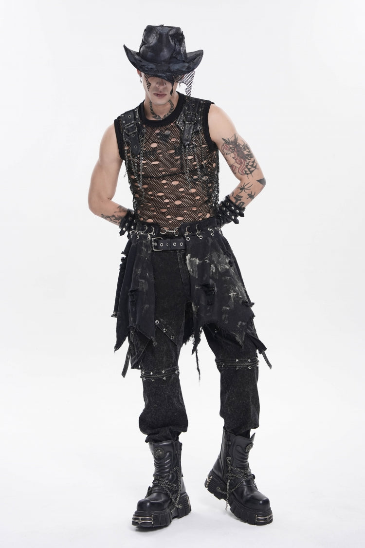 Black Irregular Ripped Buckled Pleated Chain-Decorated Men's Punk Skirt