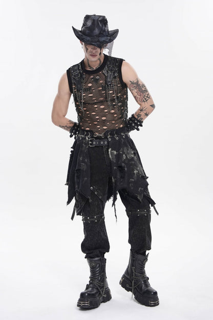 Black Irregular Ripped Buckled Pleated Chain-Decorated Men's Punk Skirt