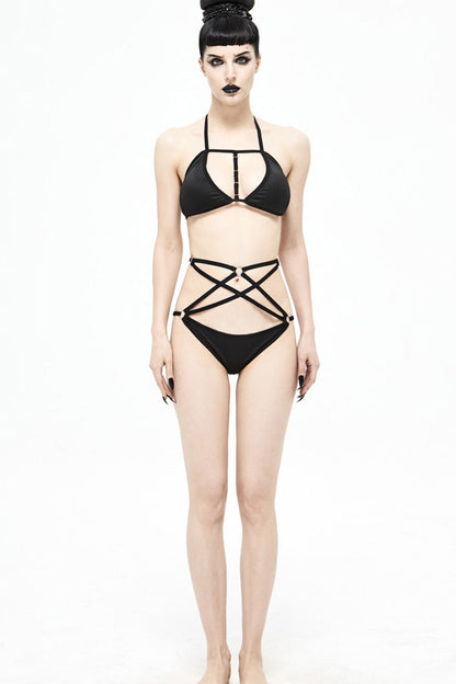 Black Four-Pointed Star Straps Women's Punk Swimsuit Suit