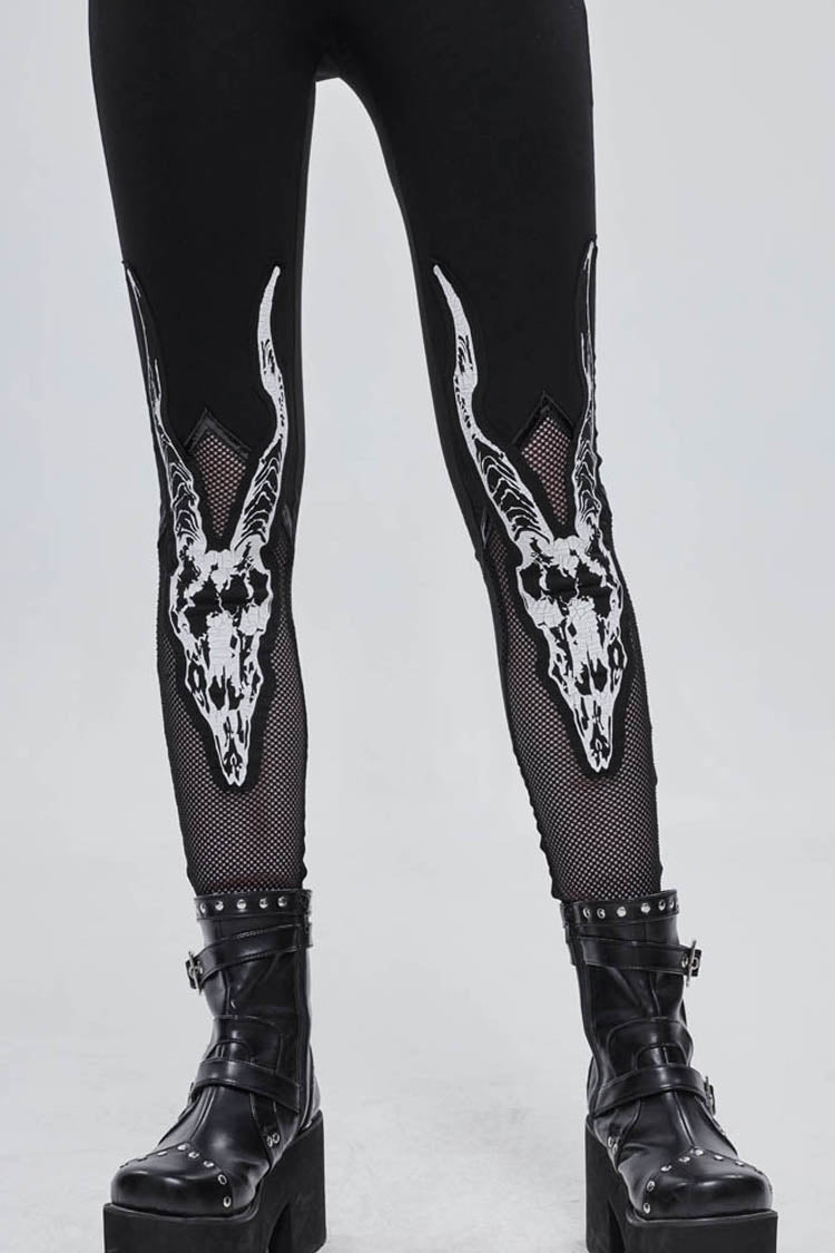 Black Gothic Stretch Knitted Fabric Spliced Mesh Devil Sheep Head Pattern Printing Women's Leggings