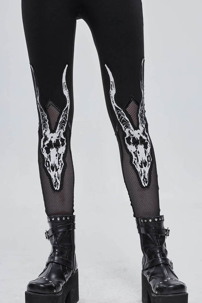 Black Gothic Stretch Knitted Fabric Spliced Mesh Devil Sheep Head Pattern Printing Women's Leggings