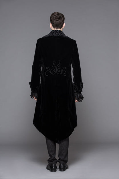 Black Hand Embroidered Fake Two Pieces Long Sleeves Velvet Mens Gothic Coats