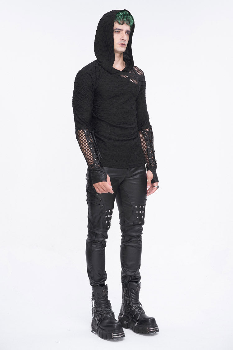 Black Lace Up Mesh Splice Long Sleeve Men's Punk Hoodies