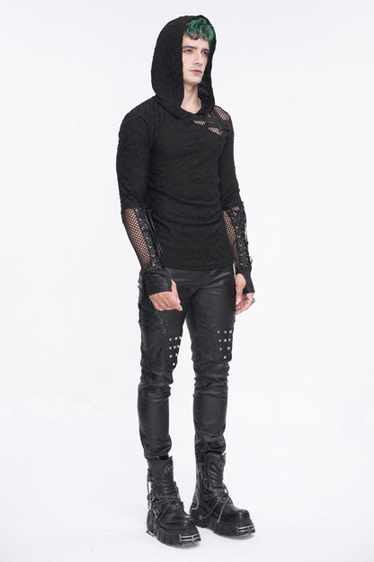Black Lace Up Mesh Splice Long Sleeve Men's Punk Hoodies