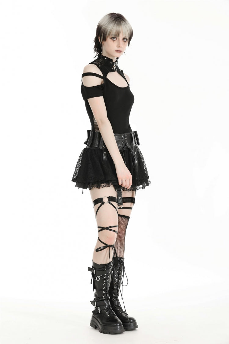 Black Faux Leather Spliced Lace Lace-Up Women's Punk Mini Skirt
