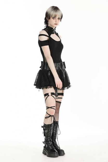 Black Faux Leather Spliced Lace Lace-Up Women's Punk Mini Skirt