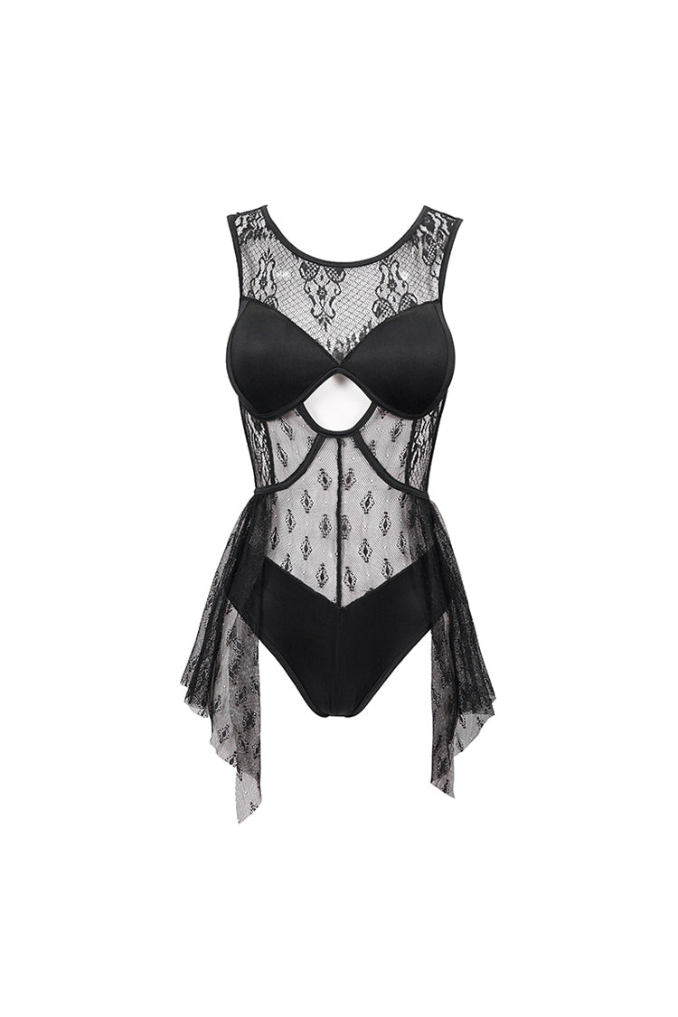 Black Lace Stitching Back Cross Strap Lace Up Women's Gothic One Piece Swimsuit