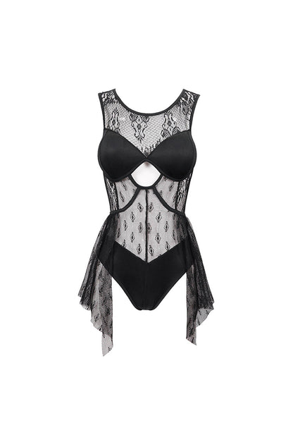 Black Lace Stitching Back Cross Strap Lace Up Women's Gothic One Piece Swimsuit