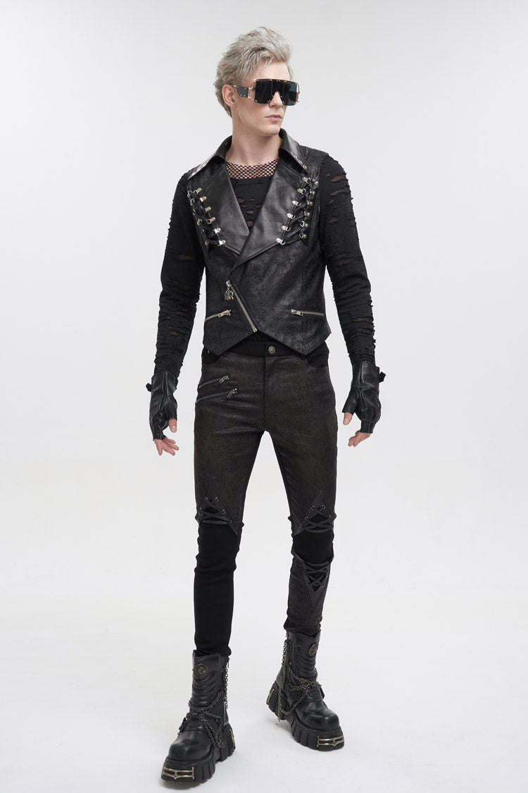 Black Lapel Fitted Atomized Crack Front Chest Crossover Rope Men's Punk Vest
