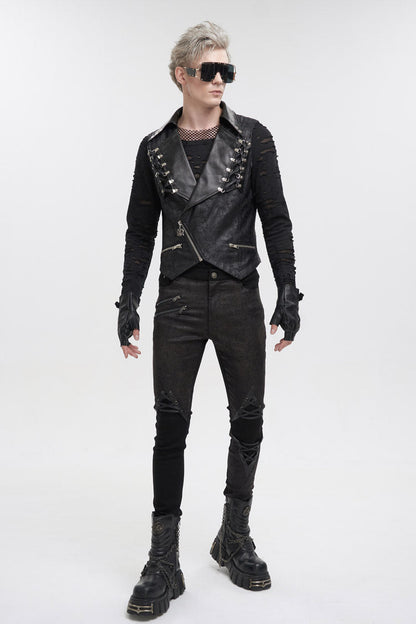 Black Lapel Fitted Atomized Crack Front Chest Crossover Rope Men's Punk Vest