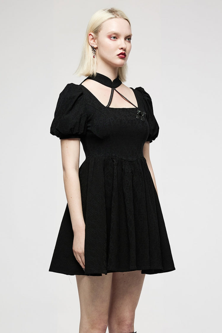 Black Halterneck Puff Sleeves Jacquard Women's Punk Dress