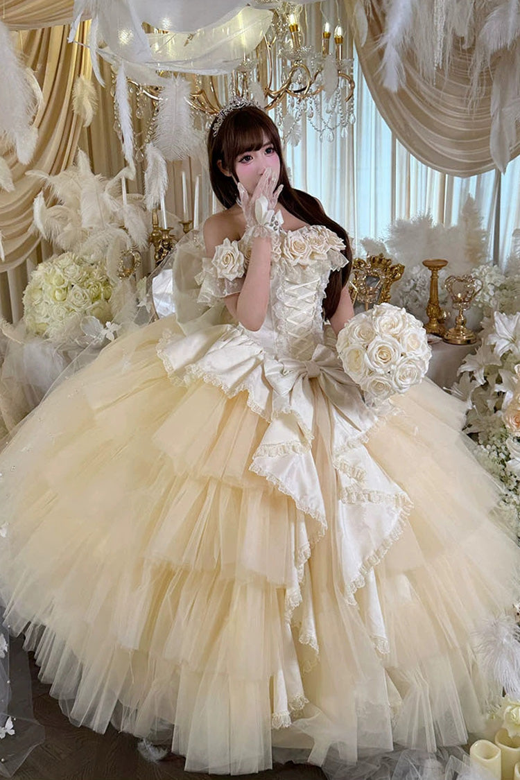 Apricot [Heart’s Beloved Rose] Sleeveless Ruffled Hanayome Bow Lace Lace-Up Sweet Lolita Jsk long Dress